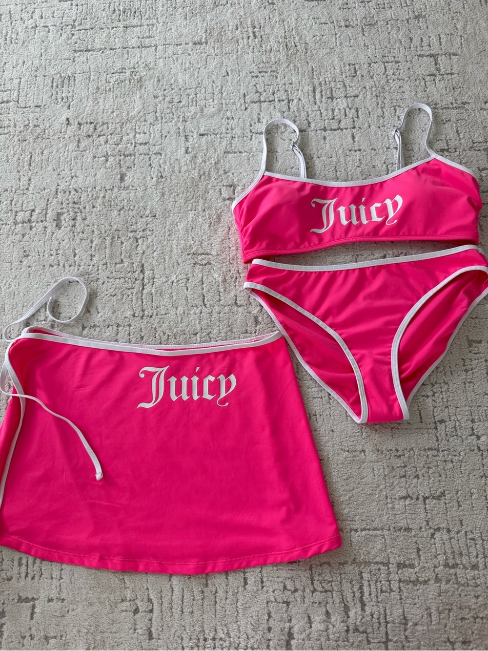 Juicy Couture Bright Pink Bikini Top, Bottom & Skirt Set with White Trim
